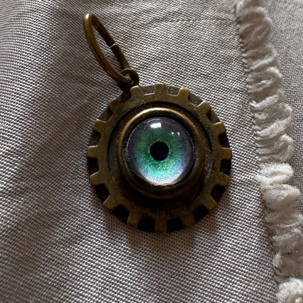 Steampunk Gear Pendant with Green Evil Eye